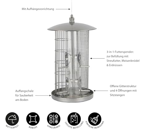 Dehner Natura Premium Wildvogel Futterspender Triple, 3-in-1 Futterstation für Wildvögel, Futterstelle wetterfest / hängend, inkl. Aufhängevorrichtung, Ø 22 cm, Höhe 36.5 cm, Metall, silber