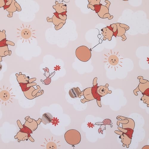 Image of Disney Winnie The Pooh Tan, Red, and White Piglet, Balloons, and Hunny Pots Super Soft Nursery Fitted Mini Crib Sheet