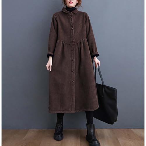 Womens Retro Classic Corduroy Button Down Lapel Neck Maxi Dress Fall Winter Casual Jacket Outerwear with Side Pockets4