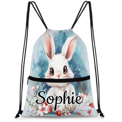 Cute Bunny Rabbit Custom Drawstring Backpack Waterproof Personalized Drawstring Bag for Men Women Gym Beach Travel Sport Sackpack