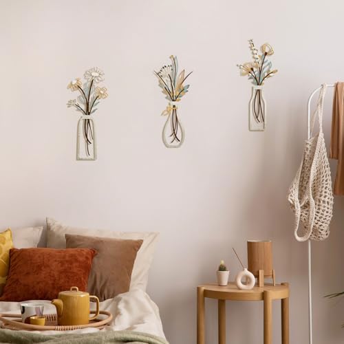Pigort 3 Pieces Metal Flowers Wall Arts - Rustic Farmhouse Decor Beige Minimalist Flower Wall Decors for Living room Bathroom Bedroom Dining Room-Housewarming Gifts (Beige, Vase-C) - 4