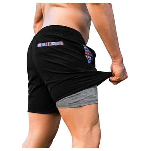 JMIERR 2 in 1 Hybrid Shorts Men Casual Drawstring Summer Quick Dry Beach Workout Gym Running Athletic Shorts with Compression Liner and Pockets, M,Black