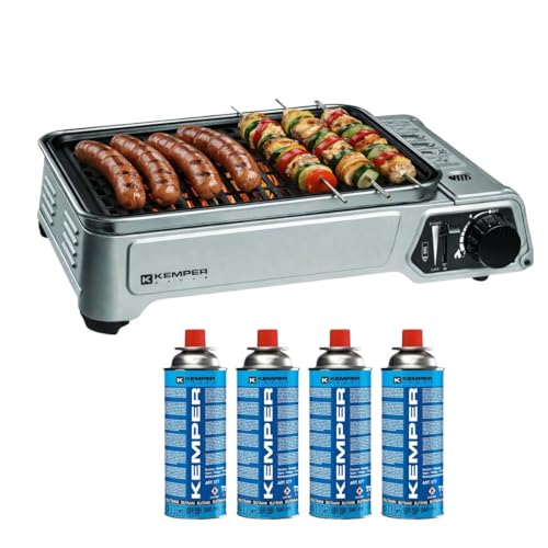 Kemper - Barbecue portatile a gas da 1900 W con accensione piezo | Piastra grill antiaderente | Kit 4 cartucce a gas da campeggio e borsa da trasporto inclusa | Leggero e sicurezza CE.