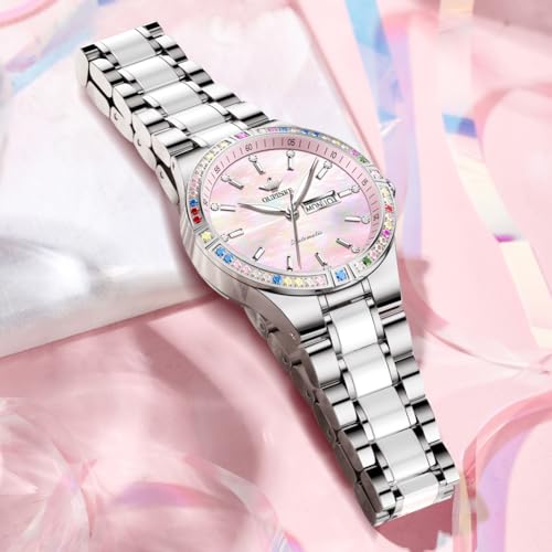 Image of OLEVS Womens Watch Fashion Dress Diamond Female Watches for Ladies Analog Quartz Stainless Steel Waterproof Luminous Day Date Two Tone Wristwatch