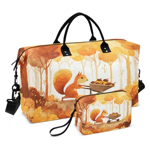 Weekender Bags Travel Duffel Gym Bag Squirrel Cart Golden Maple Forest Carry on Overnight Tote Bag with Toiletry Bag for Airplane Travel Trip Gym Yoga