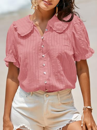 Image of Tankaneo Womens Puff Sleeve Shirts Peter Pan Collar Button Down Cotton Blouse Casual Summer Textured Tops