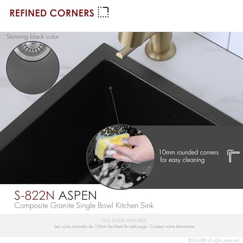 Image of Stylish Pietra 22 Inch Composite Granite Kitchen Sink, Single Bowl Dual Mount Drop-In or Undermount, Quartz Composite (80% Quartz), 8-1 /4 inch Deep, Rear Center Drain, Strainer included, Black, S-822N