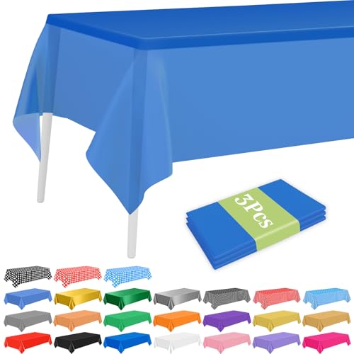 PLULON 3 manteles desechables de plástico azules para mesas rectangulares de 54 x 108 pulgadas, mantel impermeable para cumpleaños, baby shower, boda, fiesta, hogar, cocina, comedor, decoración