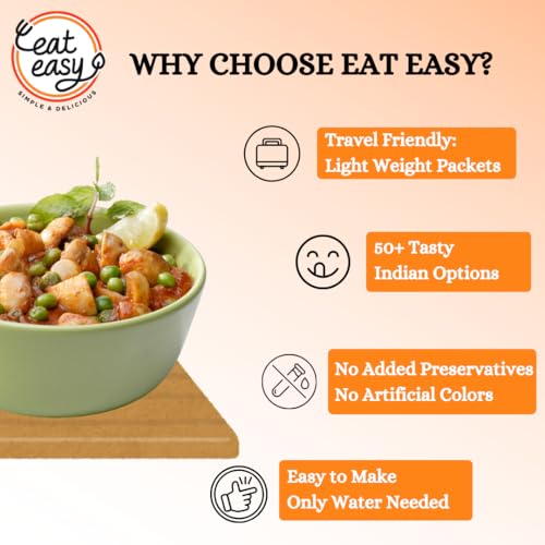 Image of Eat Easy Ready to Eat Aloo Mutter Sabzi Freeze Dehydrated- 75g (Pack of 2) | Just Add Hot Water & Cook | Each Pack Serves 2 | Instant Meal for Travel, Camping, Office & Home | No Preservatives, Colours