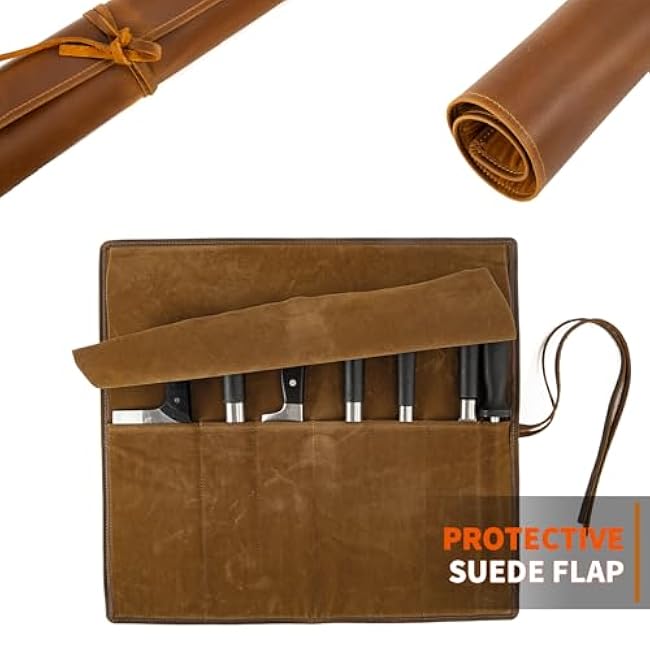 Genuine Leather Knife Roll, Knife Bags for Chefs Professional, Small Chef'S Knife Case Holder, Knives Holders Protectors with 7 Slots, Portable Chef Knife Roll Chef Knife Bag Case Storage Pouch
