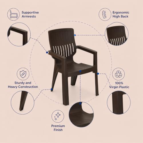Image of Nilkamal Ortho Comfort Plastic Chair with Arm | 3 Year Warranty | Stackable Chair for Home, Living Room, Dining Room, Cafe & Balcony | Ergonomic Back Support | Indoor & Outdoor Use | Season Rust Brown