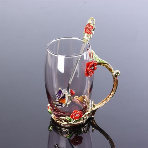 LJYING Handmade Enamel Butterfly & Rose Flower Glass Coffee Mugs Tea Cup with Spoon 350ml Birthday Gifts for Friends Women Wife Mum Teacher Sister (Red Tall)
