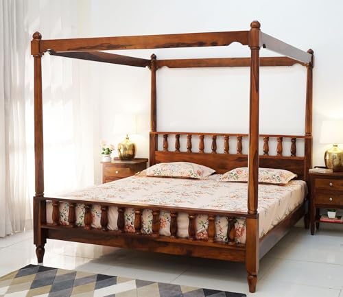 Image of Sheesham Solid Wood Allure Poster Bed Without Storage King Size Bed for Beautiful Bedroom (King, Honey)