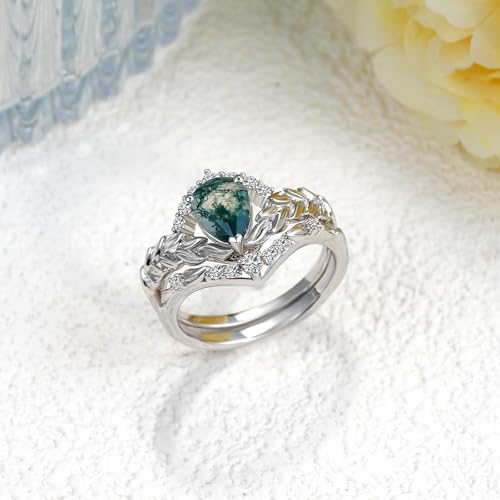 Natural Moss Agate Engagement Rings Bridal Set for Women,18K White Gold Platinum Plated Pear Shaped Green Gemstone Wedding Rings Sets S925 Leaf Art Deco Ring Sets Jewelry Gift for Anniversary Wedding3