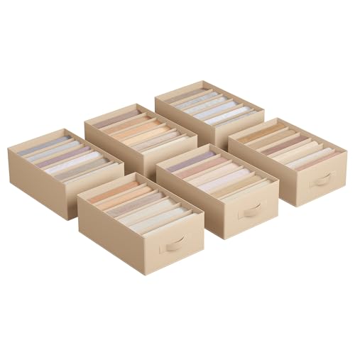 SONGMICS Juego de 6 Organizadores de Cajón, Organizadores de Armario de 6 Compartimentos, Plegables, 42 x 30 x 17 cm, para Pantalones, Ropa, Beige Arena RUS009K02