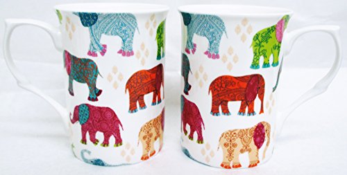 Image of Elephants Mugs Set of 2 Fine Bone China Patched Multicolour Elephants Chintz Mugs Hand Decorated in UK