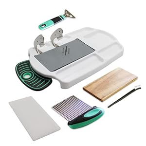 Adaptive Wood and Plastic Cutting Board with pins, Vegetable Crinkle Cutter and Holder, Non-slip, One handed, with Tray
