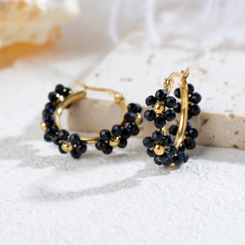 Handmade Flower Beaded Hoop Earrings 18K Real Gold-Plated Natural Gemstone Floral Hoop Earring Colorful Beaded Jewelry Gift for Women3