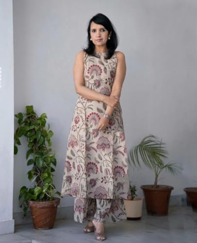 Image of GoSriKi Kurta Set for Women Viscose Printed | Kurti Set for Woman | Kurta Palazzo 2 Piece Outfit | Band Collar Sleeveless Regular Fit Ethnic Dress Stylish Clothing