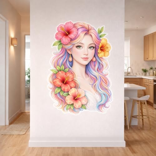 Image of Rangoli Girl Face Floral Wall Sticker 16 x 24 Inch Colorful Hair & Flower Design Self Adhesive Wall Decor for Living Room Bedroom Salon Beauty Parlour Wall Art