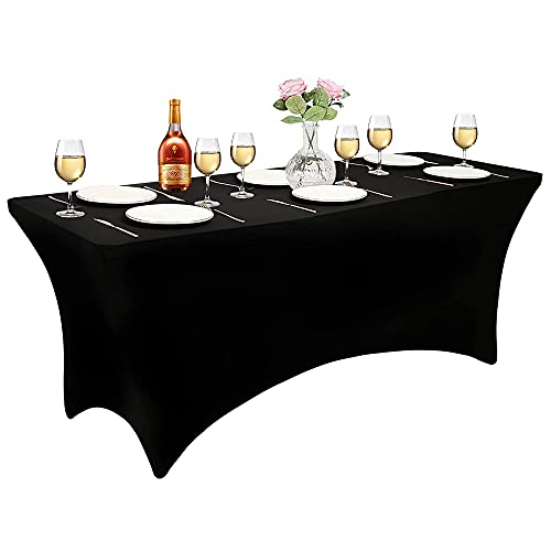 Table Cloths for Parties, Fitted Table Covers for 6 Foot Tables, Black Stretch Spandex Tablecloth Protector for Wedding, Banquet and Xmas Party