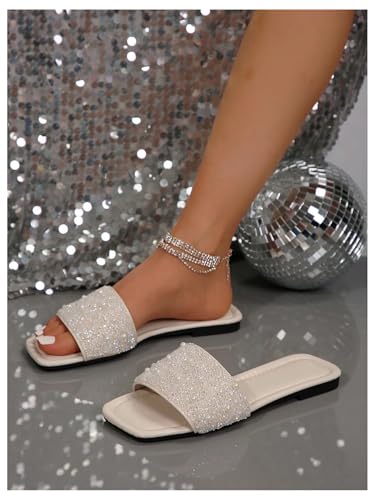 Image of GORGLITTER Women's Sparkly Jeweled Flat Sandals Dressy Open Toe Glitter Shiny Slippers Slip-on Shoes
