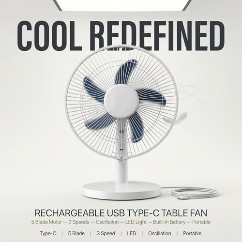 Image of 𝓓rumstone Rechargeable USB Type-C Table Fan with 5 Blade High Speed Motor, 3 Speed Settings, Built-in Lithium Battery, Oscillation Function & Bright LED Light, Portable Cooling Fan for Home, Office