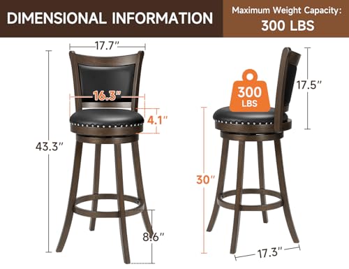 Butacos Giratorios PrimeZone, Altura de Barra 30 Pulgadas, Asiento Acolchado en Cuero Sintético Negro y Espalda Alta, Estructura de Madera de Caucho Sólida con Reposapiés, para Pub o Isla de Cocina – Juego de 2 miniatura 3