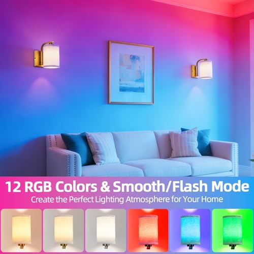 Image of Battery Operated Wall Sconces Set of Two, Dimmable Battery Wall Light with RGB Bulb, Rechargeable Wall Mounted Sconce Lamp with Remote Control for Bedroom, Living Room, Entryway, Gold