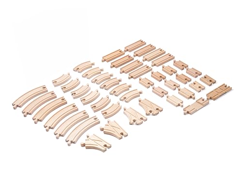 Raytree Wooden Train Track Set Expansion Pack - 44 Pieces Beech Wood Railway Set with 10 Distinct Pieces