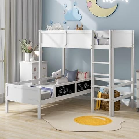 Bunk Bed,3FT Single Bunk Bed with Blackboard,L Shape Sleeper Bed with Ladder and Safety Guardrails,Solid Wood Bed Frame for Children and Teens,White (90x190cm) Cover