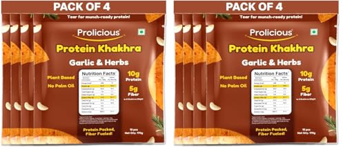 Image of Prolicious 2X Protein Garlic Bread Khakhra | NO Palm Oil | Crispy | Ready to Eat | Flavourful | High Protein Healthy Anytime Snack (Pack of 8, 170 Grams each) (Garlic Bread)