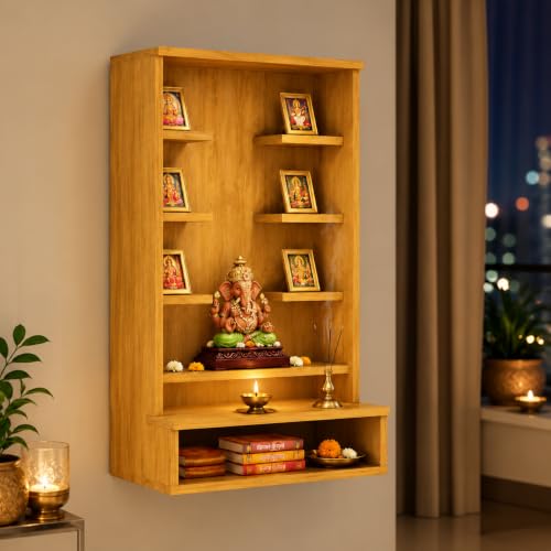 Bniture Wooden Wall Mounted Pooja Mandir for Home | Engineered Wood Temple for Home with 6 Display Shelves & Spacious Storage | Wall Hanging Home Temple | Puja Mandir | Giant Wood Deal