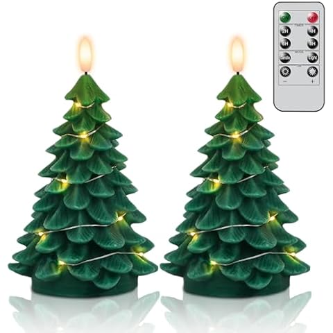 GenSwin Christmas Tree Flameless Candles, Christmas LED Taper Candles with Remote Timer and 3D Flame, 2 Pcs Green LED Pillar Candlesticks with String Lights for Christmas Home Decoration(3” x 7.1”) Cover