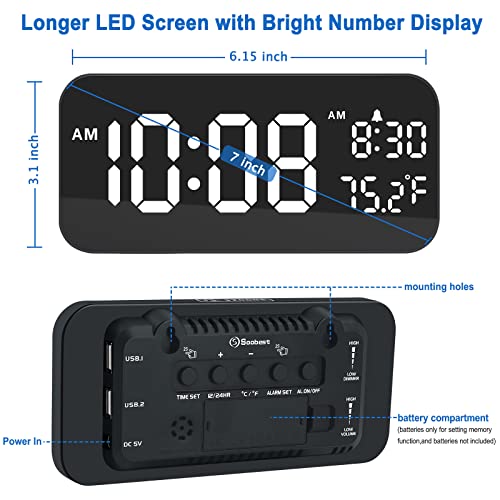 Soobest Digital Alarm Clock With 2 Charger Ports, 7'' Corded Electric Desk Clock Large Number With Temperature For Bedrooms(Black-White) #TOP1