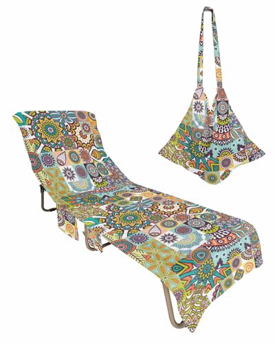 Beach Pool Patio Lounge Chaise Chair Cover Towel with Pockets,Geometric Boho Flower Absorbent & Quick Dry Microfiber Towel Cover Bag Summer Travel Accessories Tribal Ethnic Bohemian Colorful