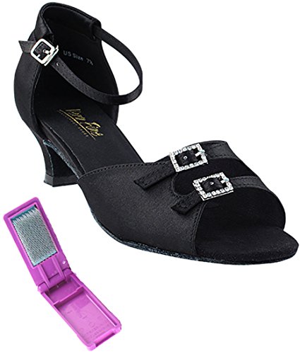 Very Fine Dance Shoes - Ladies Latin, Rhythm, Salsa Ballroom Dance Shoes - 1620-1.3-inch Heel and Foldable Brush Bundle - Black Satin - 10