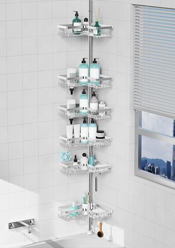 KEGII Etagere Douche Telescopique - Etagere Salle de Bain Acier Inoxydable Avec 6 Plateaux, Étagère Douche Reglable Hauteur(63,5-290cm), Convient Pour les...
