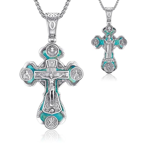 Orthodox Cross Necklace, Silver Crucifix Cross for Men Women Turquoise Jesus & Virgin Mary Cross Pendant Necklaces Christian Religious Jewelry Gift