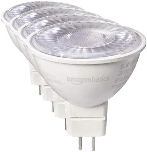 Amazon Basics MR16 LED Light Bulb, 50 Watt Equivalent, Energy Efficient 7W, GU 5.3 Base, Warm White 3000K, Dimmable, 10,000 Hour Lifetime, 12V Low Voltage|6 Count (Pack of 4)