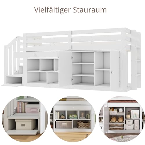 xixiworkshop Hochbett 90x200cm, Multifunktionales Jugendbett mit austauschbar Tisch/Schrank/Treppen/Leiter Bett mit Stauraum, Einzelbett Rausfallschutz ohne Matratze