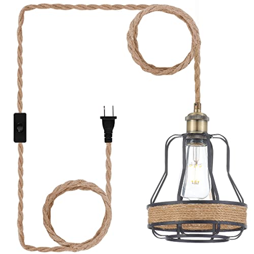 YLONG-ZS Plug in Pendant Light,16 FT Hanging Lamp with Plug in Hemp Cord,Dimmable On/Off Switch, Pendant Lighting with Hemp Rope Shade, Hanging Light Fixture for Living Room, Bedroom YL27BHR