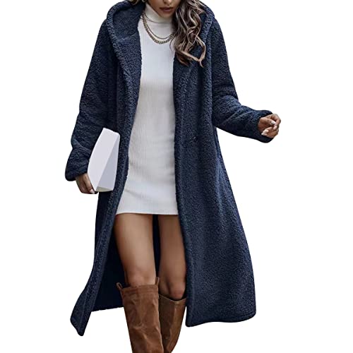 Image of Long Teddy Coat For Women Fur Coats Trench Coats For Women Faux Sherpa Jacket Fleece Womens Winter Coats Casual Lapel Long Sleeve Fleece Pea Coat Windproof Jacket Abrigo para Mujeres Royal Blue M