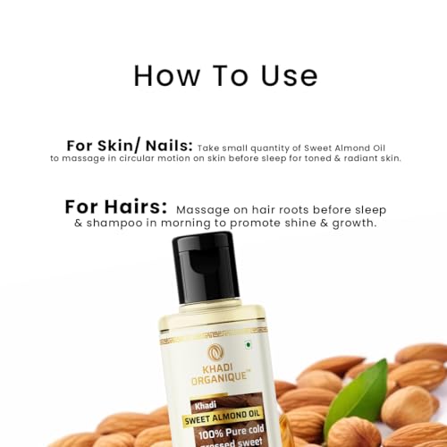 Image of Khadi Organique 100% Pure Cold Pressed Sweet Almond Oil for Hair, Skin & Nails | Rich in Vitamins A & E | Deeply Moisturizes, Repairs & Strengthens | Ideal for Massage & Daily Nourishment - 210 ml