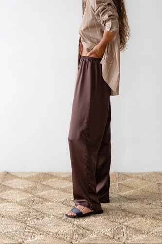 UAURORAO Satin Pants for Women Dressy Silk Wide Leg Lounge Pants Elastic Drawstring Casual Long Flowy Trousers3