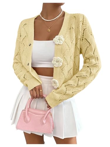 GORGLITTER Women's Crochet Button Up Cropped Cardigan Cute Floral Long