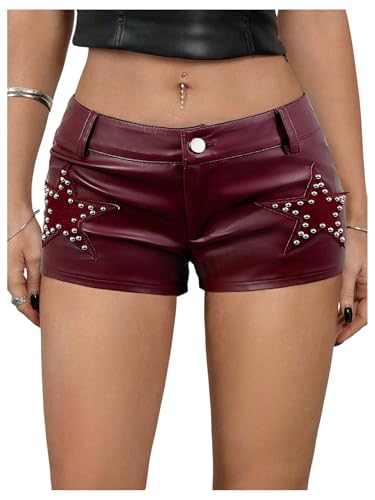 Milumia Womens Y2k Punk Star Faux Leather Shorts Studded Low Waisted Rave Party Micro Mini Shorts Red Burgundy Small