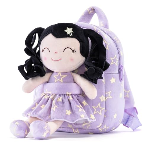 Image of Gloveleya Toddler Backpacks Baby Girl Gifts Curly Hair Plush Figures Dress Backpack Kids Backpack Curly Hair Spring Girl - Black Head Purple Star 9''