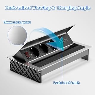 Prise encastrable en Aluminium 3 Prises avec 2 Ports USB-C PD 30W & 2 Ports USB-A – Bloc multiprise escamotable, Angle réglable pour Cuisine, Bureau & Plan de Travail, câble 1,8 m, argenté