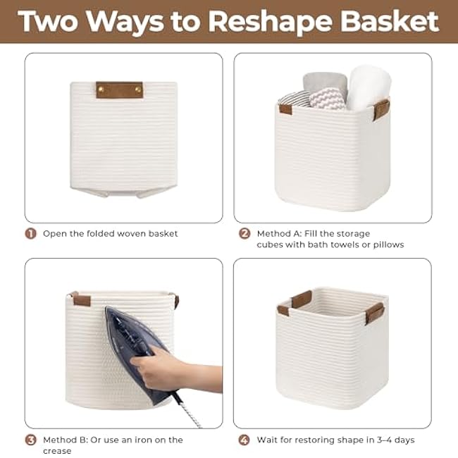 StorageWorks White Woven Baskets, Cotton Rope Basket with Leather Decoration, Storage Organizer for Shelves, Closest, Living Room,11 inch, 3 Pack